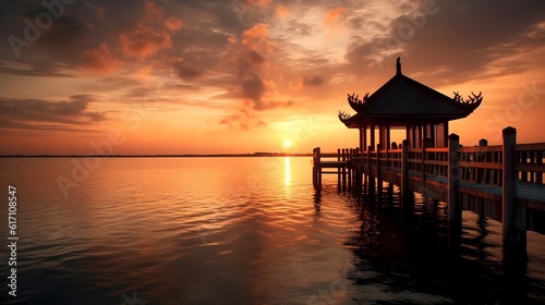 Landscape of beautiful pier at sunset, reflecting the sea and sky in tranquil scenery, oriental architecture.