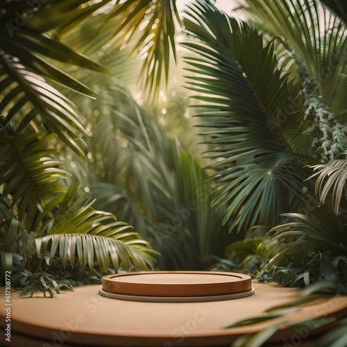 Aesthetic Appeal  Showcasing Products on a Round Podium with Palm Leaf Backdrop  Generative AI