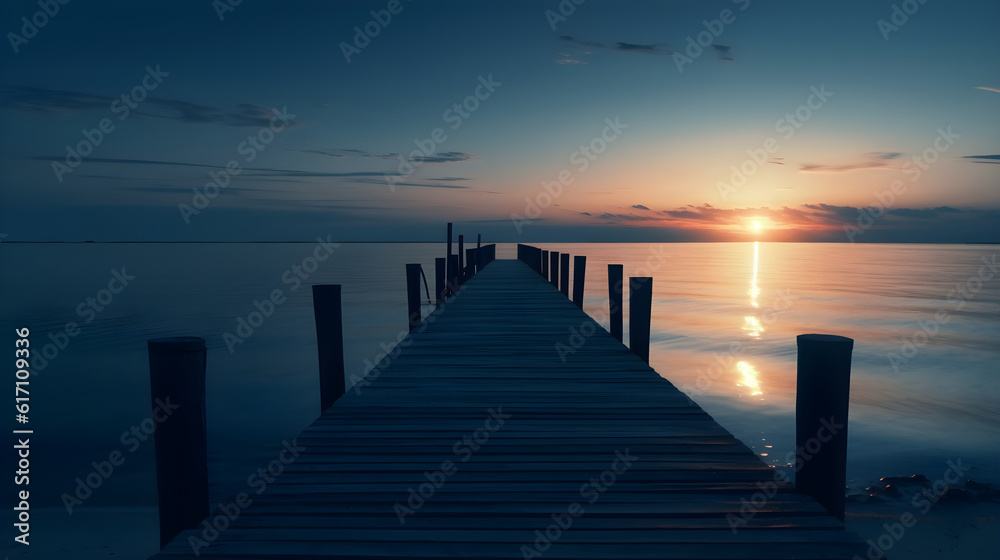 Wooden jetty leading to horizon over calm ocean at sunset.
