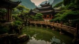 Ancient oriental temple building, serene green pond, nature reflecting, historical travel destination.