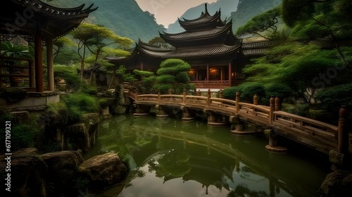 Ancient oriental temple building, serene green pond, nature reflecting, historical travel destination.