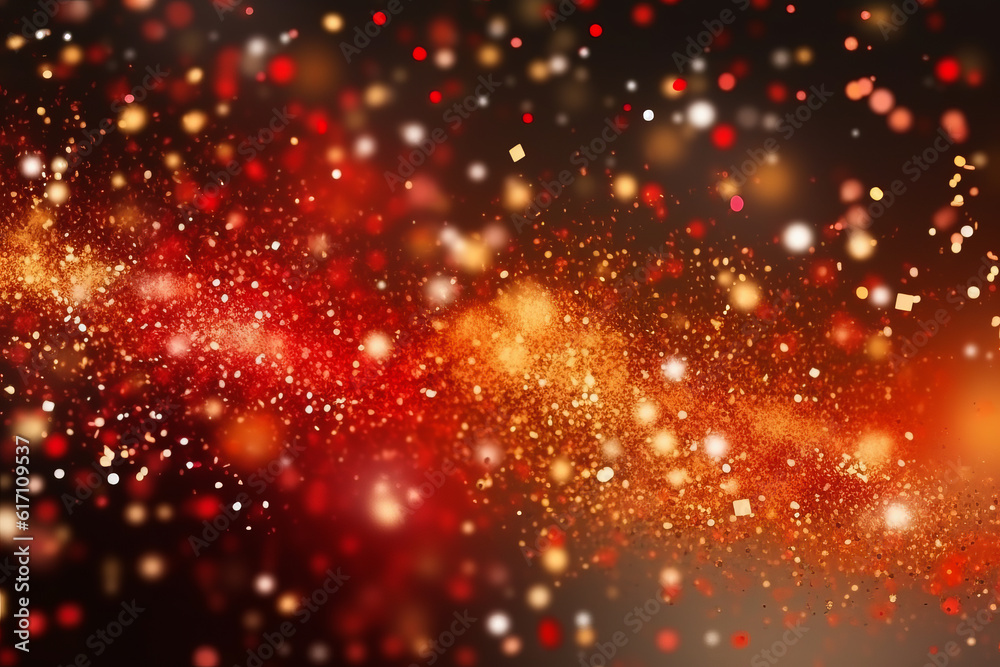 Gold and red bokeh of light textured glitter background. Christmas gold bokeh background, generative ai.