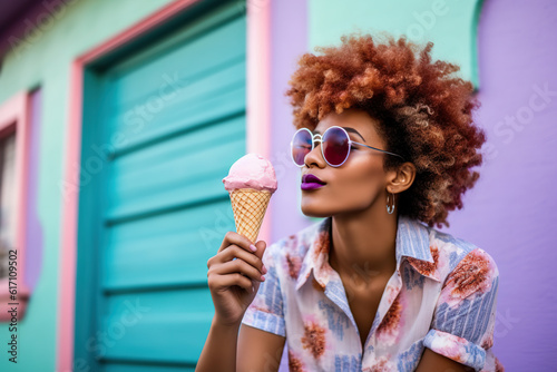 Generative AI illustration of serious African American woman with Afro hair in t-shirt and sunglasses sitting near blue building with ice cream cone photo