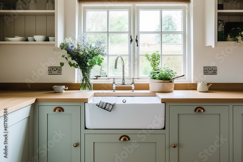 Generative AI illustration of rustic kitchen with green cabinets, white sink windows and wooden counter top