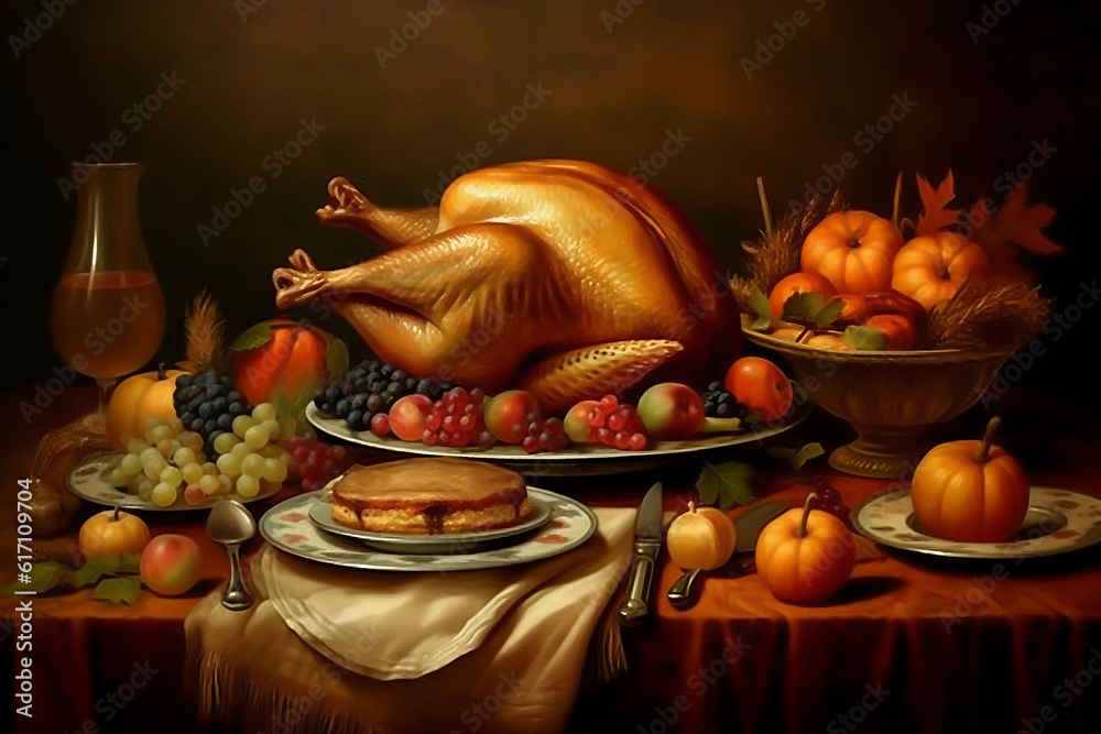 Festive table for Thanksgiving Holiday with whole roasted turkey with apple, fruits and pie.