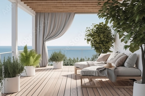 Generative ai illustration of covered balcony porch with comfortable couch and potted plants with wooden floor looking over seascape with wooden floor