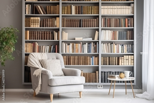 Generative AI illustration of modern library with cozy armchair and book shelves with books arranged in room with potted plant photo