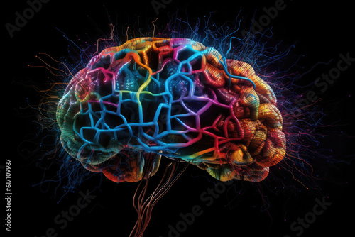 Creative generative AI illustration of colorful brain with pixels and wires levitating against black background