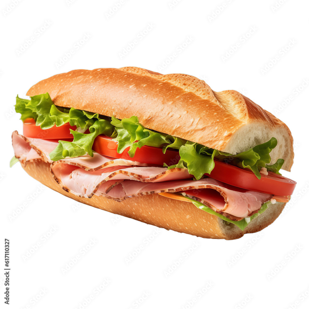 Delicious ham, tomato and salad sandwich isolated on a transparent background Delicious ham, tomato and salad sandwich isolated on a transparent background