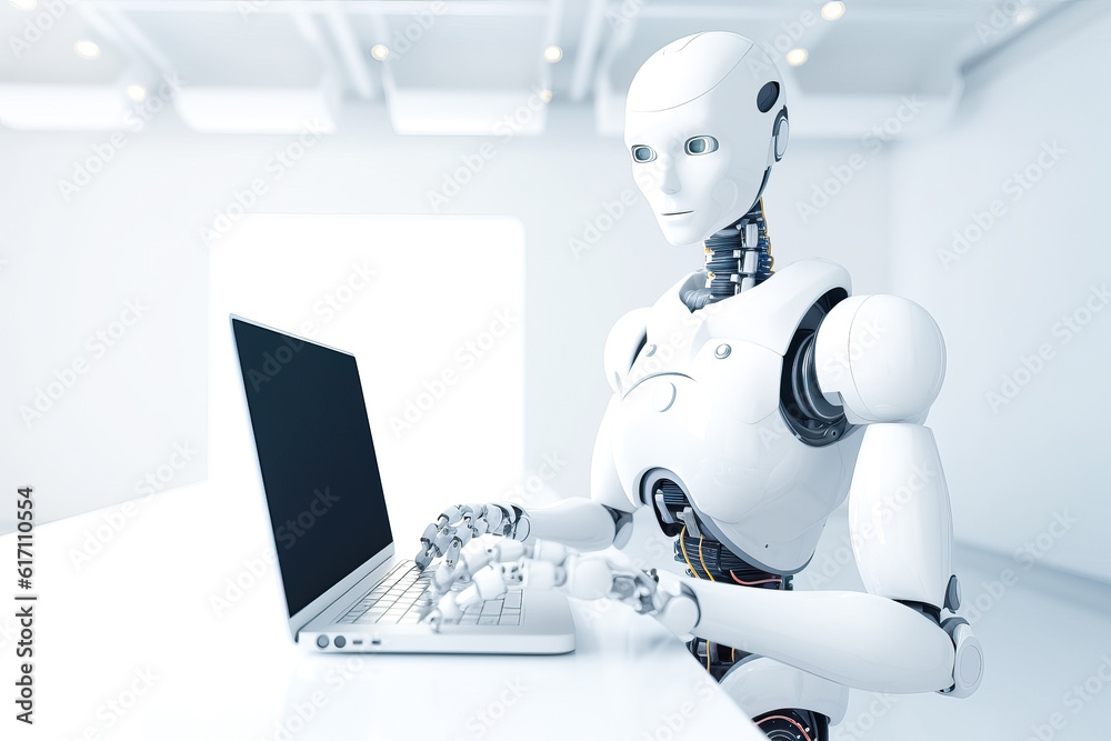 Generative AI illustration of modern robot with black eyes and connecting wire neck siting at table and typing on desktop computer in office room Generative AI illustration of modern robot with black eyes and connecting wire neck siting at table and typing on desktop computer in office room