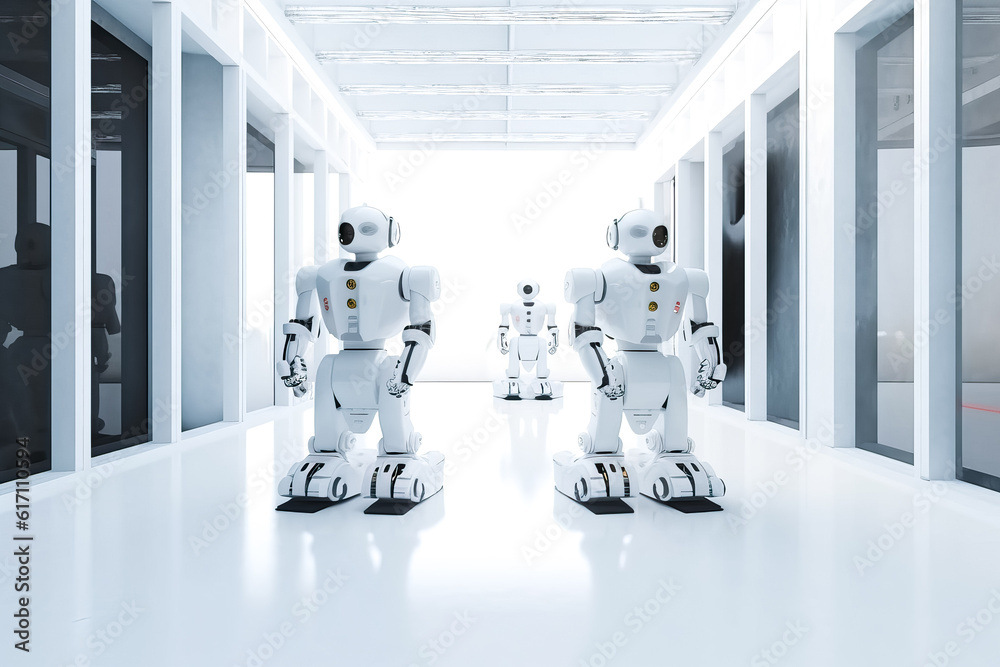 © ADDICTIVE STOCK - Generative AI illustration of group of white smart modern robots standing in passage of bright modern apartment