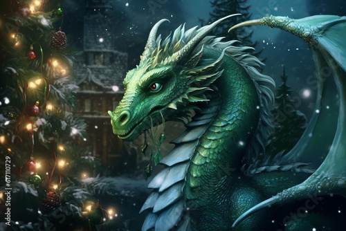 Illustration of green dragon on Christmas background. Generative ai symbol of 2024 year in Chinese calendar © Sergie