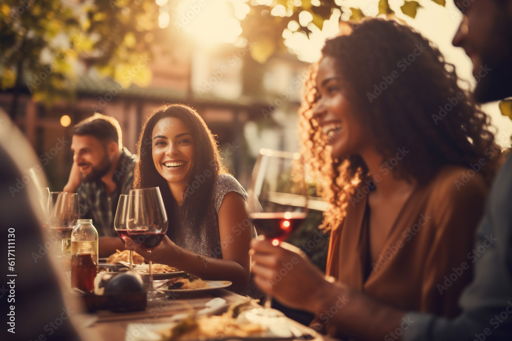 Happy friends drinking red wine sitting at restaurant. Dinner party outside. Close-up. Generative Ai content Happy friends drinking red wine sitting at restaurant. Dinner party outside. Close-up. Generative Ai content
