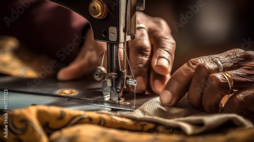 Fotografia, Obraz Close-up of hands masterfully guiding a sewing machine, piecing together a garment, epitomizing the essence of handmade creation