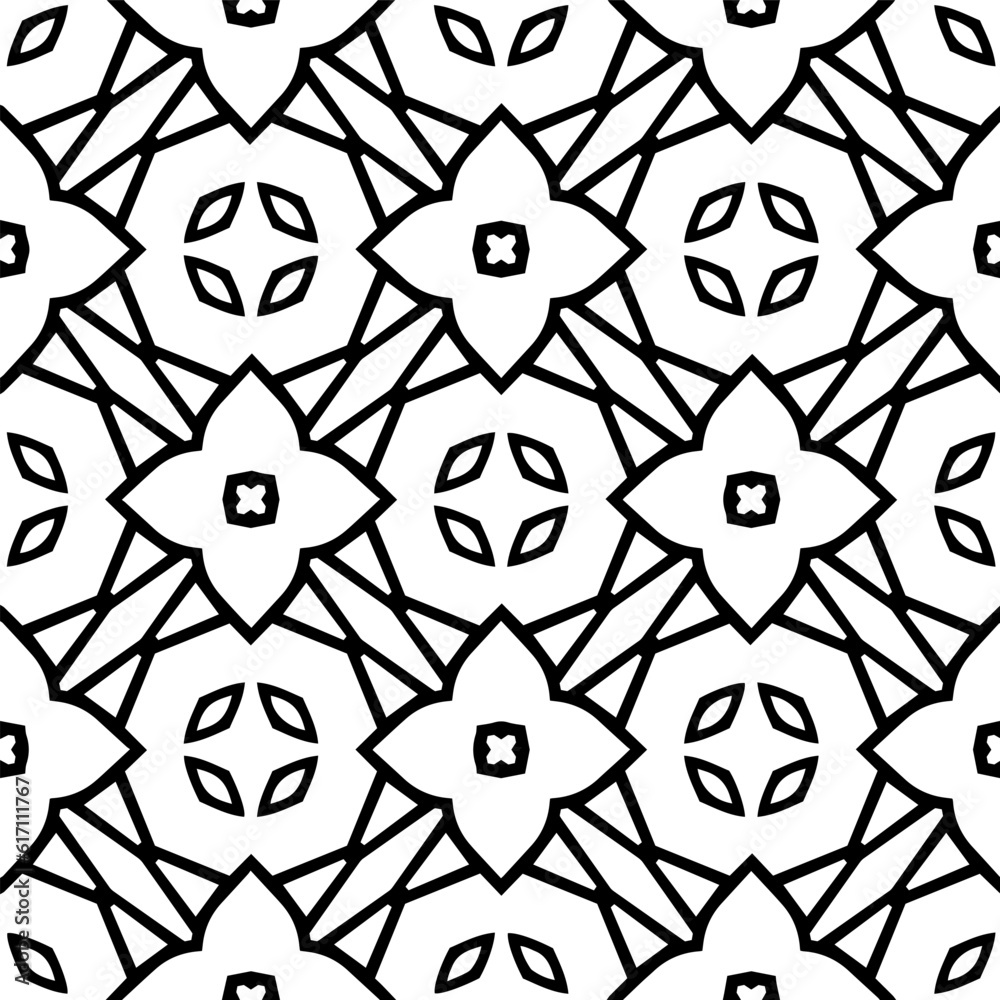 Geometric pattern in ethnic style. Seamless background with abstract shapes. Black and white wallpaper. Abstract background with Repeating pattern for decor, textile and fabric. Geometric pattern in ethnic style. Seamless background with abstract shapes. Black and white wallpaper. Abstract background with Repeating pattern for decor, textile and fabric.