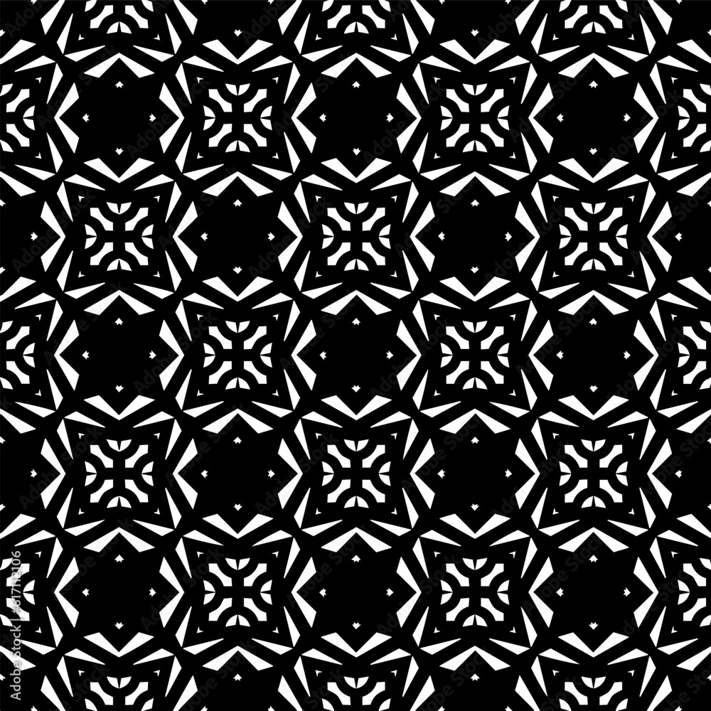 Geometric pattern in ethnic style. Seamless ornament with abstract shapes. Black and white wallpaper. Abstract background with Repeating pattern for decor, textile and fabric. Geometric pattern in ethnic style. Seamless ornament with abstract shapes. Black and white wallpaper. Abstract background with Repeating pattern for decor, textile and fabric.
