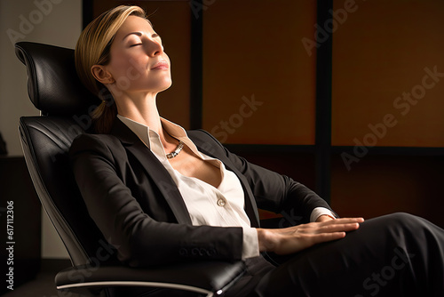 Generative AI image of side view of resting young female in elegant suit with eyes closed while sitting on armchair with headrest in room in daylight photo