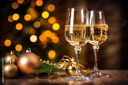 Champagne glass on wooden table and Christmas illumination on background. Generative ai illustration of celebrating Christmas and New Year