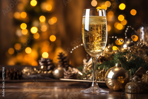 Champagne glass on wooden table and Christmas illumination on background. Generative ai illustration of celebrating Christmas and New Year