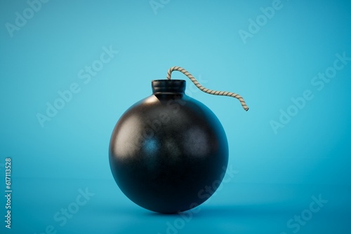 An old round black bomb on a blue background. 3D render