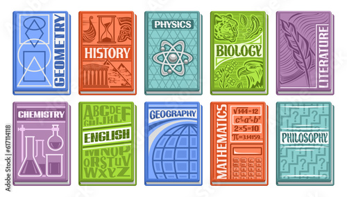 Vector School Textbook Set, lot collection of cut out illustrations of variety colorful school books, different textbooks for study library, group of cartoon design paper books on white background