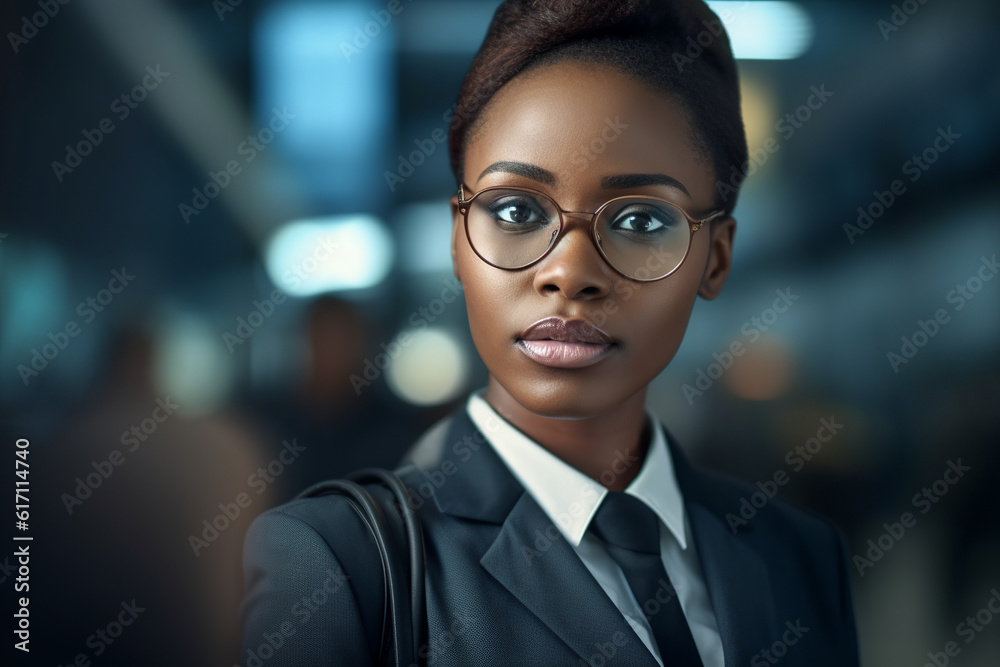 Generative AI image of portrait of young African American female looking at camera while standing on street against blurred people illuminated city
