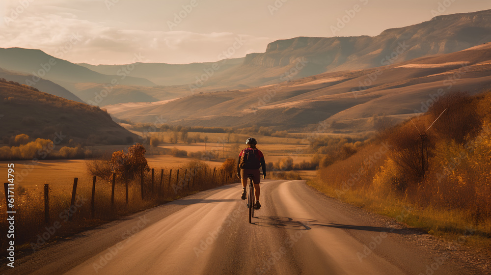 A person cycling on a country road, their face obscured. The vibrant colors of the countryside fill the image, symbolizing freedom and adventure.