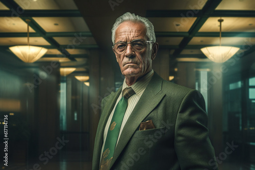 Generative AI illustration of portrait of mature with glasses businessman in elegant suit looking at camera while standing near illuminated in hall
