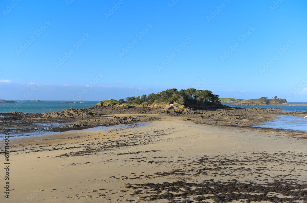 View of sand beach during low tide a winter sunny afternoon, Lancieux, Brittany, north of France
