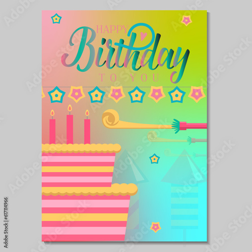 Birthday Card with Beautifull cake, birthday decorations, and attractive gradient color background.