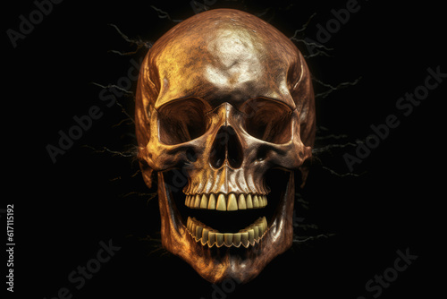 Illustration of skull with lighting bolt on black background, generative ai.