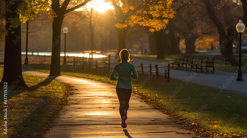 A person jogging in a park at sunrise. Drawing attention to the vibrant colors of the sunrise and the park, symbolizing health and vitality.