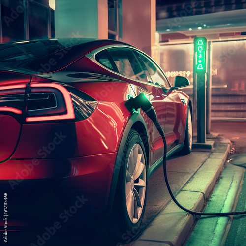 Generative AI illustration of side view of red luxury electric automobile with glossy surface charging on city street the evening photo