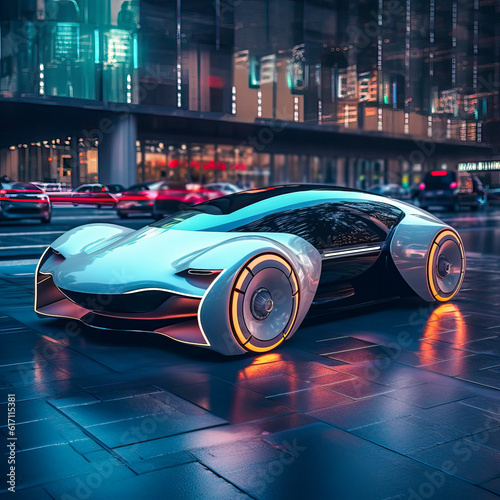 Generative AI illustration of futuristic car with glowing surface parked on paved street in illuminated modern district in night photo