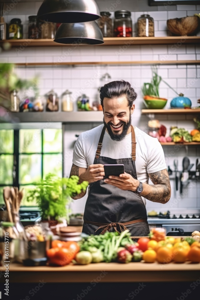 Smiling, handsome bearded chef with tattoo, wearing apron, holding a tablet. Bright kitchen - Generative AI Smiling, handsome bearded chef with tattoo, wearing apron, holding a tablet. Bright kitchen - Generative AI