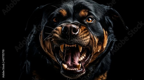 large Aggressive Rottweiler dog. aggressive look, hate filled eyes angry looking Rottweiler. Rottweiler barking on black dark background. Generative AI
