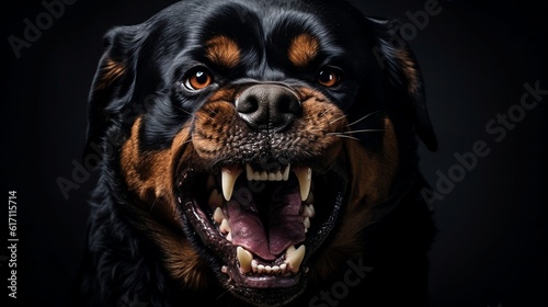 large Aggressive Rottweiler dog. aggressive look, hate filled eyes angry looking Rottweiler. Rottweiler barking on black dark background. Generative AI