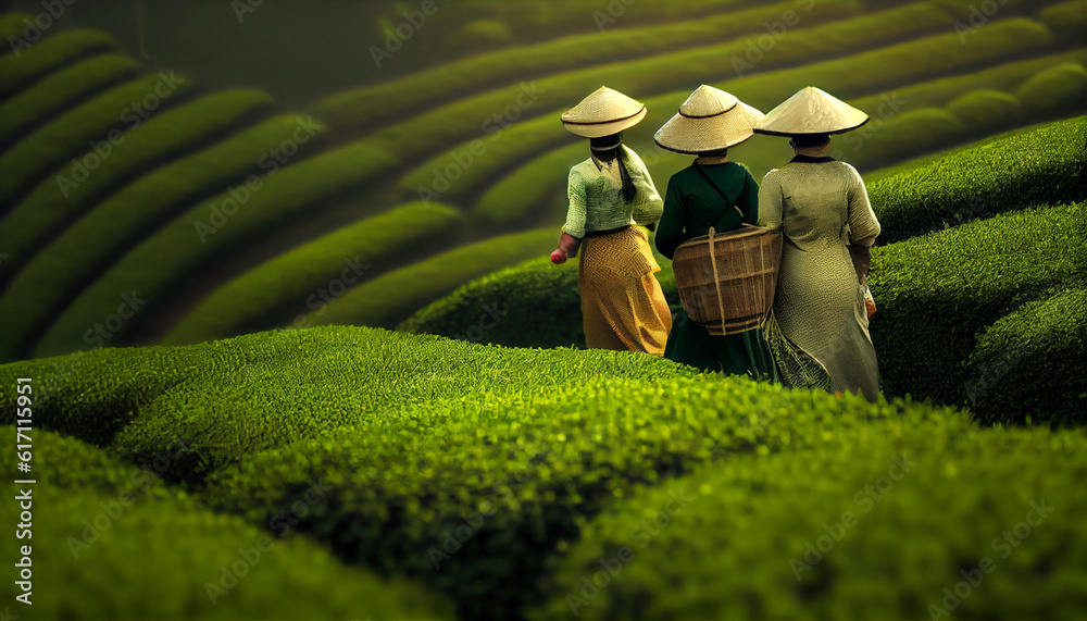 Women in asia pick tea on green plantation terraces Ai generated image - obrazy, fototapety, plakaty 