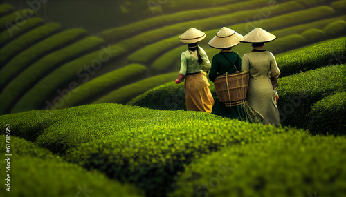 Women in asia pick tea on green plantation terraces Ai generated image