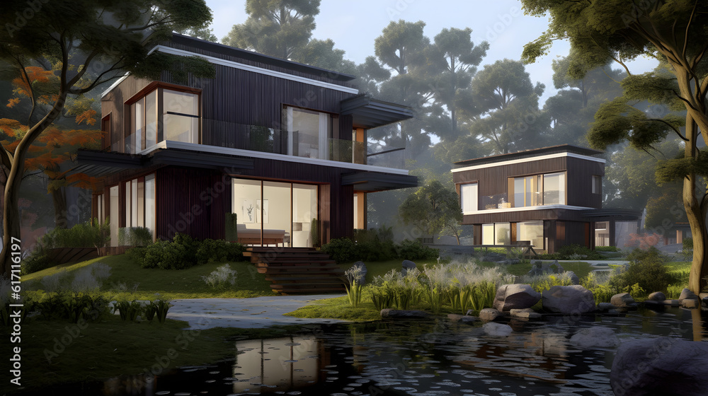 Luxurious Tranquility: 3D Render of Elite Japanese-Style Architecture Seamlessly Blending Nature with Modern Luxury