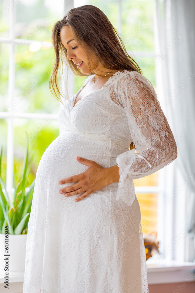 Smiling pregnant woman standing by the window and touching her belly Smiling pregnant woman standing by the window and touching her belly
