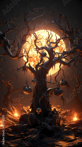 Scary Halloween Tree in Moonlight Landscape