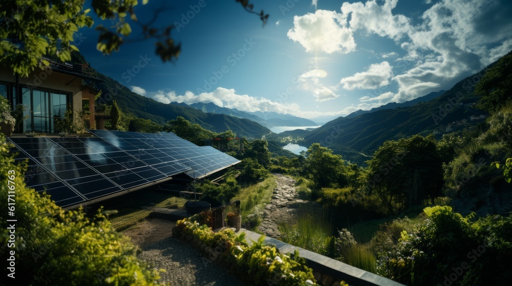 Fototapeta premium Renewable Riverfront Retreat: A Solar-Powered Haven in the Heart of the Forest