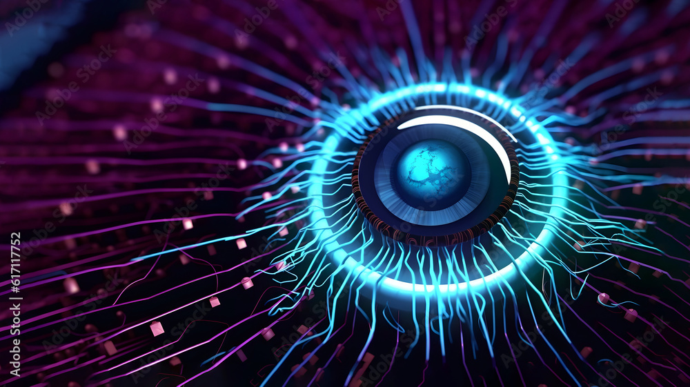 Cyberspace and digital eye. Artificial Neural Network. Big Data concept. Artificial intelligence in technology of future. 3D illustration. Generative AI. Cyberspace and digital eye. Artificial Neural Network. Big Data concept. Artificial intelligence in technology of future. 3D illustration. Generative AI.