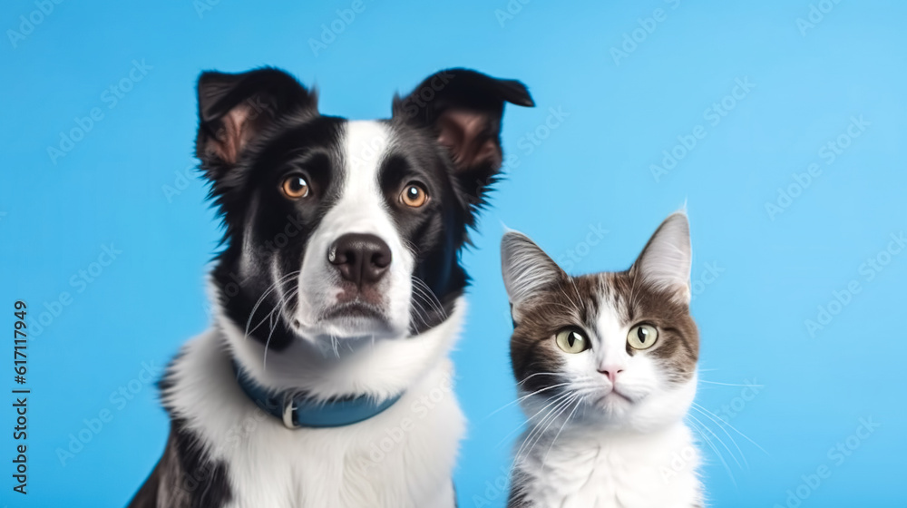 Cat and dog together on blue background, generative AI. Cat and dog together on blue background, generative AI.