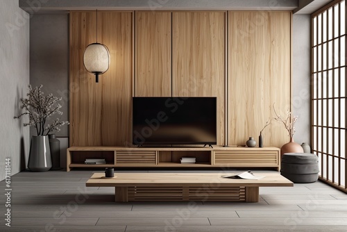 Japanese style minimalist decorations and wood cabinets in the ryokan room. Generative AI