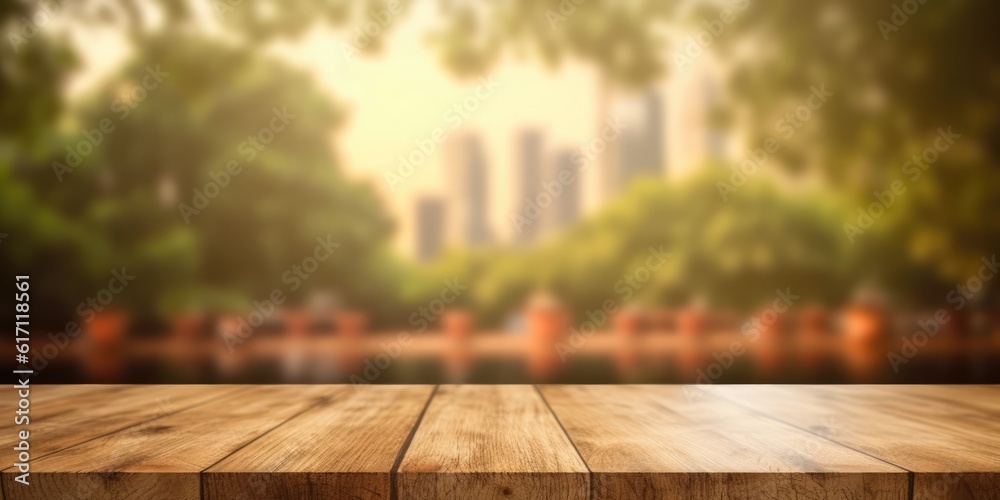 Empty wooden table with cityscape bokeh background, generative ai Empty wooden table with cityscape bokeh background, generative ai