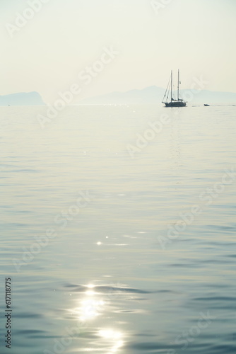 Single sailing boat on the Aegean Sea near the island of Spetses