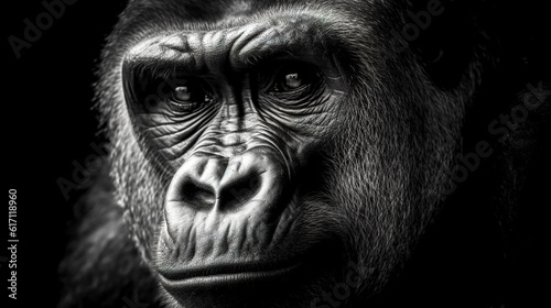 Portrait of a close-up of a silverback gorilla, generative AI.
