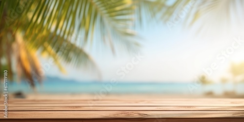 Empty wood table with tropical sea with palm leaves  Background with copy space for product display  Summer vacation  generative ai